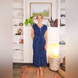 Maku textiles Dione dress M long blue striped v-neck cotton handmade in India